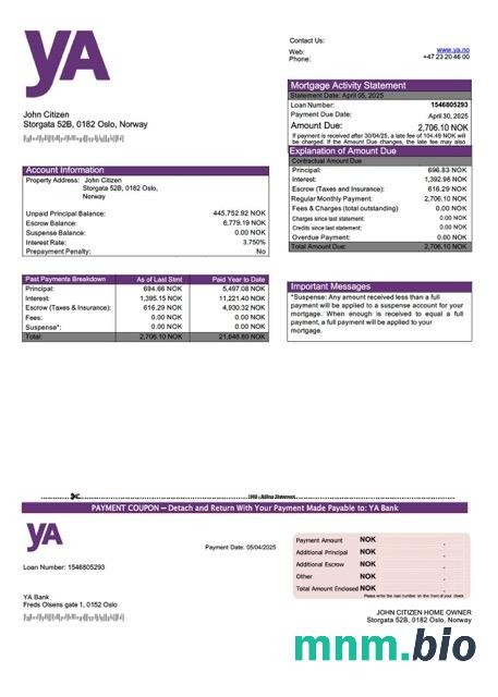 Norwegia yA Bank wyciąg z kredytu hipotecznego szablon Word i PDF